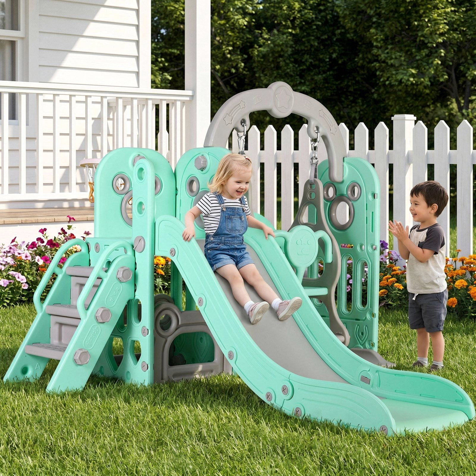 Arlopu Toddler Slide Set, Large Slide Swing Playset w/ Basketball Hoop, Storage Space, Anti-slip Steps for Kids 2+ Years, Indoor Outdoor Toy, Green