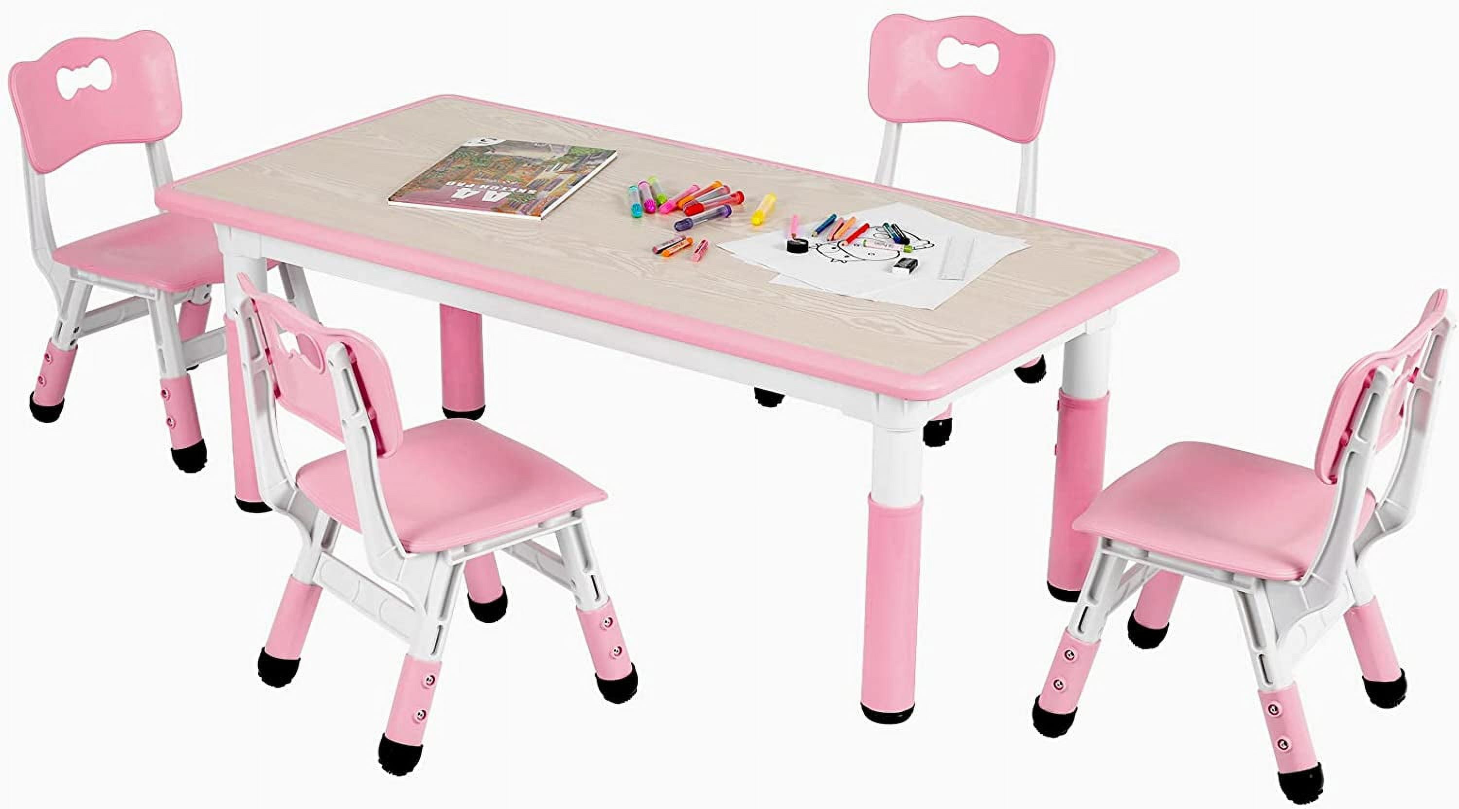 Arlopu Toddler Table & 4 Chairs Set, Height Adjustable Kids Multi Activity Table and Chairs for Drawing, Reading, Studying, Pink