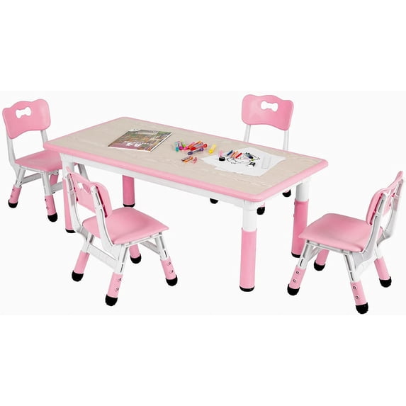 Arlopu Toddler Table & 4 Chairs Set, Height Adjustable Kids Multi Activity Table and Chairs for Drawing, Reading, Studying, Pink