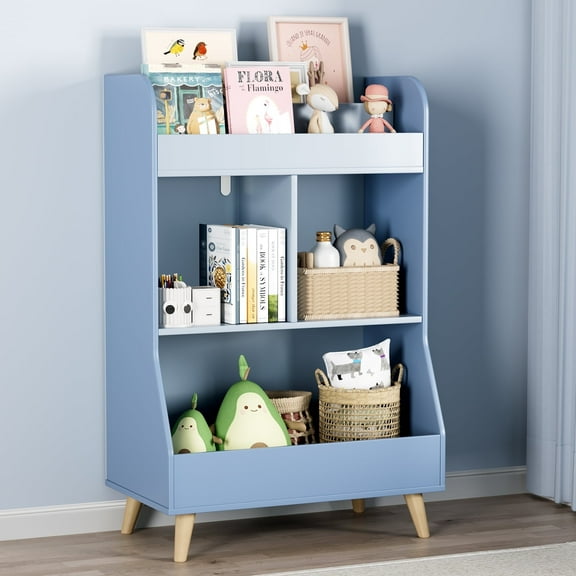 Arlopu Wood Kids Bookshelf and Toy Storage with 3 Open Cubbies Toy Organizer Cabinet for Bedroom Living Room