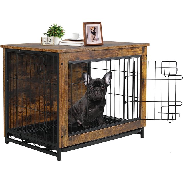Arlopu Wooden Dog Crate Furniture End Table Dog Cage with Double Doors