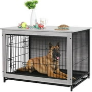 Arlopu Wooden Dog Crate Furniture End Table with Doors Pet Crate Dog Kennel Indoor with Removable Tray