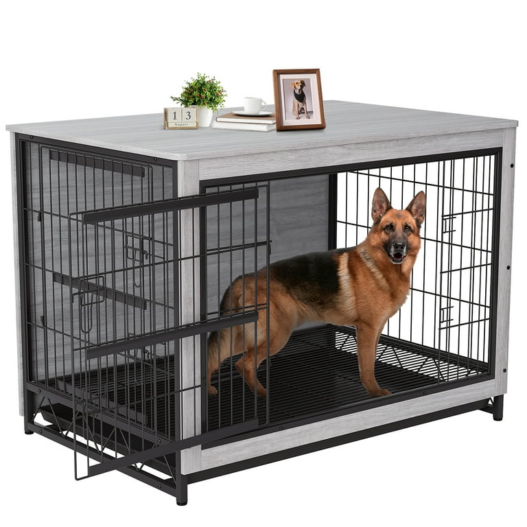 Arlopu Large Steel Wire Dog Cage with Indoor Kennel, MDF Furniture