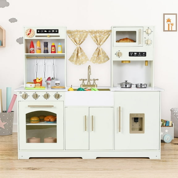 Arlopu Kids Kitchen Playset w/ Real Lights & Sounds, Wooden Kitchen Toy Set w/ Curtain, Stove, Water Dispenser, Sink & Microwave, Beige