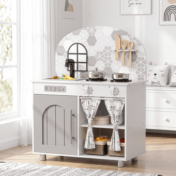 Arlopu Kids Play Kitchen Set, Wooden Kitchen Playset with Stove Accessories, Interactive Wooden Toy Set Gift, White
