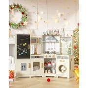 Arlopu Kids Corner Wooden Play Kitchen, Ultimate Interactive Pretend Kitchen Playset with Stove, Range Hood, Sink, Faucet, Ice Maker & Washing Machine