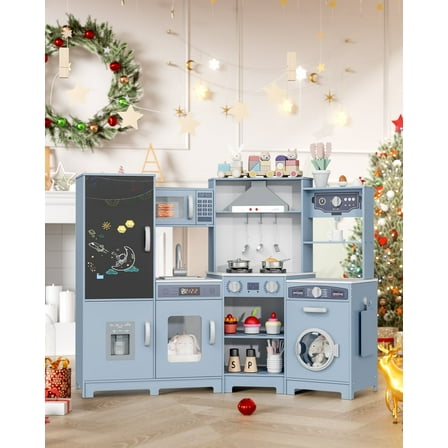 Arlopu Kids Corner Play Kitchen, Ultimate Interactive Wooden Kitchen Playset with Lights & Sounds, Cooking Toy Set with Stove, Range Hood, Sink, Faucet, Ice Maker & Washing Machine