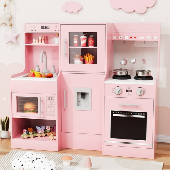 Arlopu Kids Play Kitchen Wooden Kitchen Playset Interactive Toys with Sounds & Lights, Water Dispenser, Sink, Stove, Cookware Accessories for Toddlers 2+ Years, Pink
