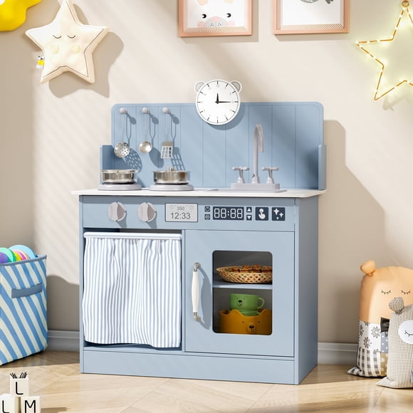 Arlopu Kids Play Kitchen, Interactive Kitchen Playset with Simulated Gas Cooker, Clicking Knobs, Sink, Faucet, 6pcs Cookwares & Educational Clock, Blue