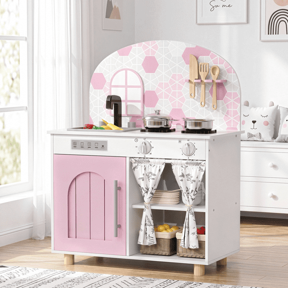 Arlopu Kids Pretend Play Kitchen Set, Ultimate Interactive Wooden Kitchen Playset for Toddlers Ages 3+