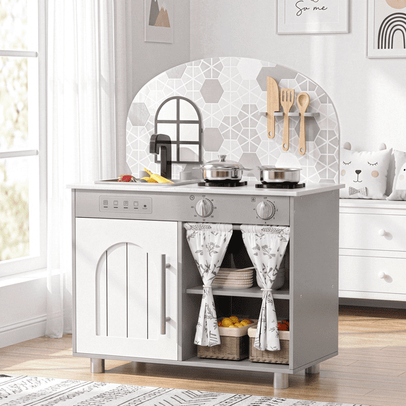 Arlopu Wooden Kitchen Playset for Kids, Interactive Pretend Kitchen with Sink, Stove, Clicking Knobs & 5pcs Cooking Accessories, Gray