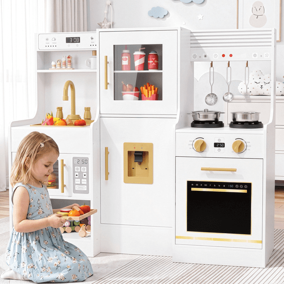 Arlopu Wooden Kids Play Kitchen, Pretend Kitchen Playset Interactive Cooking Toys with Realistic Sounds & Lights, Gift for Toddlers 2+ Years, White