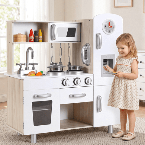 Arlopu Kids Pretend Play Kitchen Set w/ Realistic Light & Sound, Wooden Kitchen Playset Interactive Toys for Toddler w/ Accessories