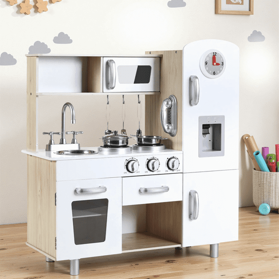 Arlopu Kids Pretend Play Kitchen Set w/ Realistic Light & Sound, Wooden Kitchen Playset Interactive Toys for Toddler w/ Accessories