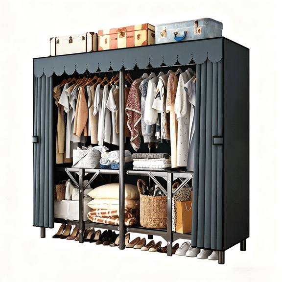 ArluKin 150cm Gray Foldable Portable Closet Wardrobe, Easy Setup 22mm Sturdy Steel Pipe Frame Non-Woven Fabric, Large Capacity Clothes Storage Organizer for Bedroom Dorm Apartment Small Space