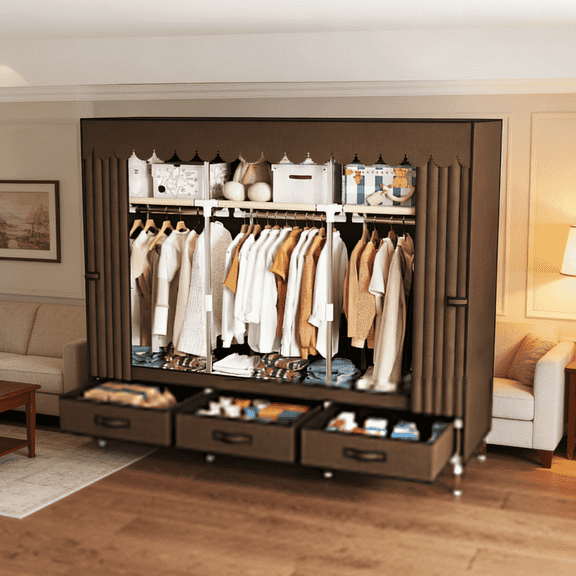 ArluKin 59 Inch Sturdy Portable Wardrobe Closet, Heavy Duty Steel Frame Clothes Organizer with 3 Hanging Rods, 3 Drawers & 3 Storage Spaces, Easy Assembly, Dust Resistant Fabric Storage for Bedroom