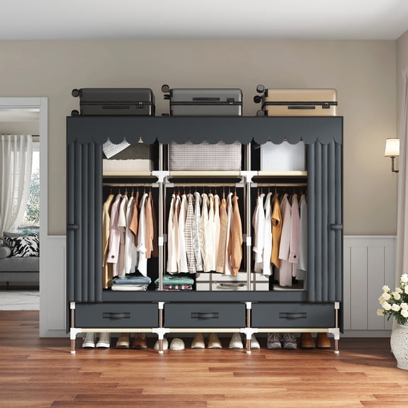 ArluKin 59 Inch Sturdy Portable Wardrobe Closet, Steel Frame Clothes Organizer with 3 Hanging Rods & 3 Drawers, Easy Assembly Dust Resistant Storage for Bedroom
