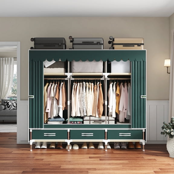 ArluKin 59 Inch Sturdy Portable Wardrobe Closet, Steel Frame Clothes Organizer with 3 Hanging Rods & 3 Drawers, Easy Assembly Dust Resistant Storage for Bedroom
