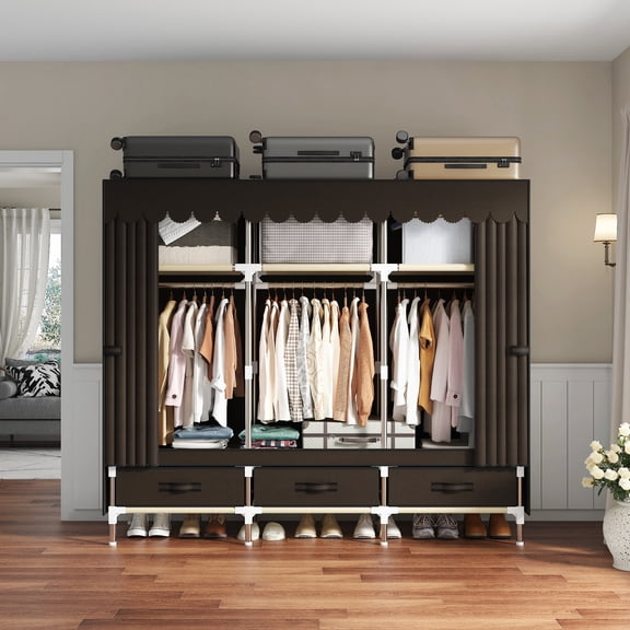 ArluKin 59 Inch Sturdy Portable Wardrobe Closet, Steel Frame Clothes Organizer with 3 Hanging Rods & 3 Drawers, Easy Assembly Dust Resistant Storage for Bedroom