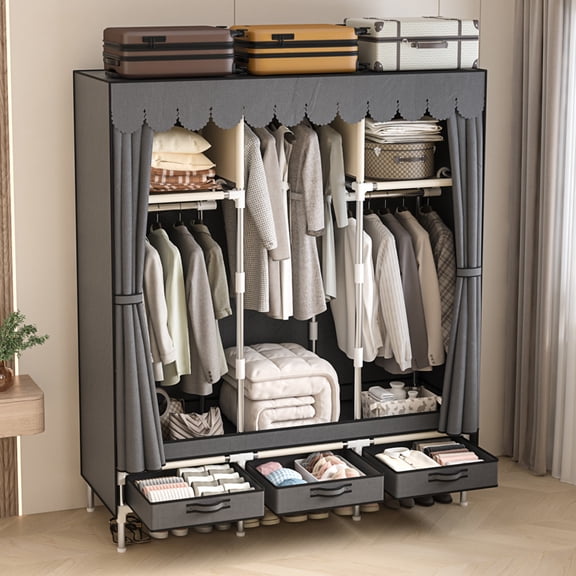 Arlukin 51Inch Portable Wardrobe Closet, 2 Storage Spaces with3 Hanging Rods,3 DrawersSteel Frame Fabric Organizer, Easy Assembly and Dust Resistant Design,Grey