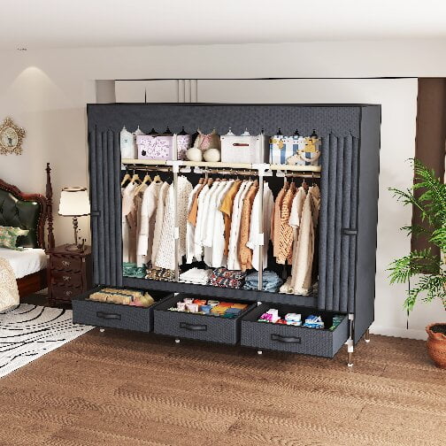 Arlukin 59Inch Portable Wardrobe Closet, 3 Storage Spaces with 3 Hanging Rods,3 Drawers,Steel Frame Fabric Organizer, Easy Assembly and Dust Resistant Design, Grey