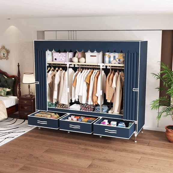 59Inch Portable Wardrobe Closet, 3 Storage Spaces with 3 Hanging Rods,3 Drawers,Steel Frame Fabric Organizer, Easy Assembly and Dust Resistant Design, blue