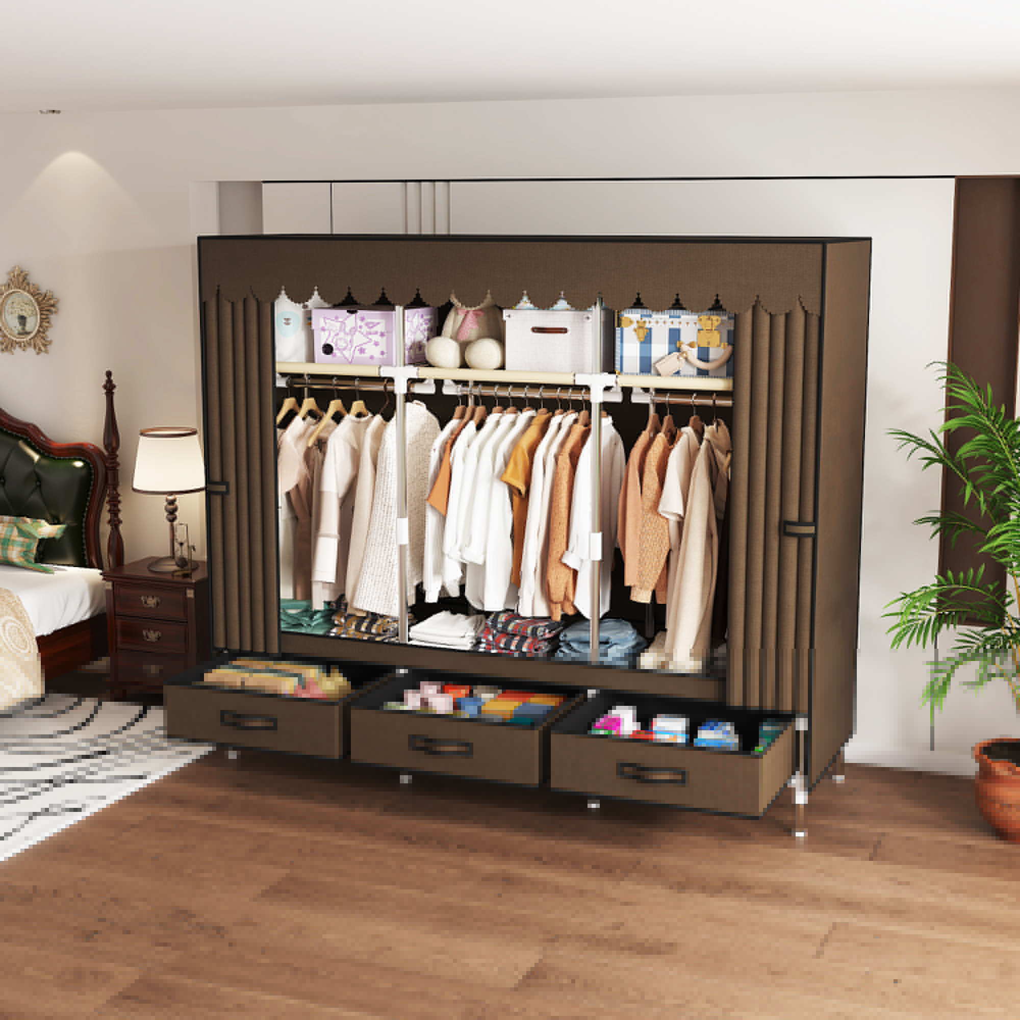 59Inch Portable Wardrobe Closet, 3 Storage Spaces with 3 Hanging Rods,3 Drawers,Steel Frame Fabric Organizer, Easy Assembly and Dust Resistant Design,brown