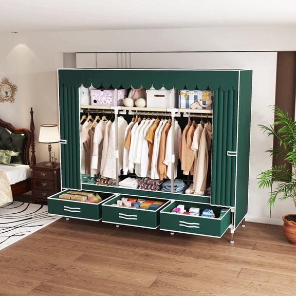 59Inch Portable Wardrobe Closet, 3 Storage Spaces with 3 Hanging Rods,3 Drawers,Steel Frame Fabric Organizer, Easy Assembly and Dust Resistant Design, green