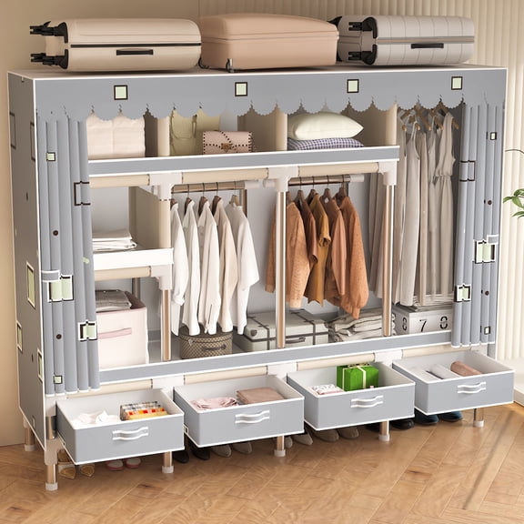 78.35-inch large portable wardrobe with 5 storage spaces, 3 hanging rods, 4 drawers, steel frame, fabric compartments, easy to assemble, dust-proof design.