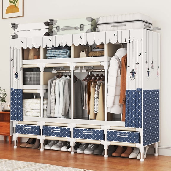 78.35-inch large portable wardrobe with 5 storage spaces, 3 hanging rods, 4 drawers, steel frame, fabric compartments, easy to assemble, dust-proof design.