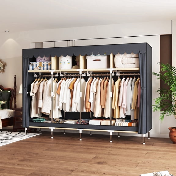 78.7Inch Portable Wardrobe Closet, 4 Storage Spaces with 4Hanging Rods,s,Steel Frame Fabric Organizer, Easy Assembly and Dust Resistant Design,Grey