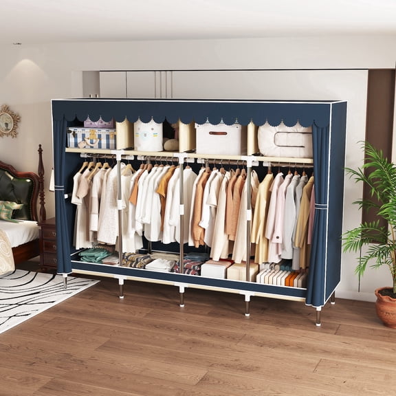 78.7Inch Portable Wardrobe Closet, 4 Storage Spaces with 4Hanging Rods,s,Steel Frame Fabric Organizer, Easy Assembly and Dust Resistant Design,blue