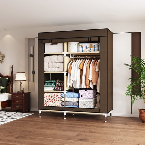 Portable Closet Organizer and Storage with 5 Wardrobe Closet Storage Shelves 1 Hanging Rods for Hanging Clothes for Bedroom, Easy to Assemble,brown
