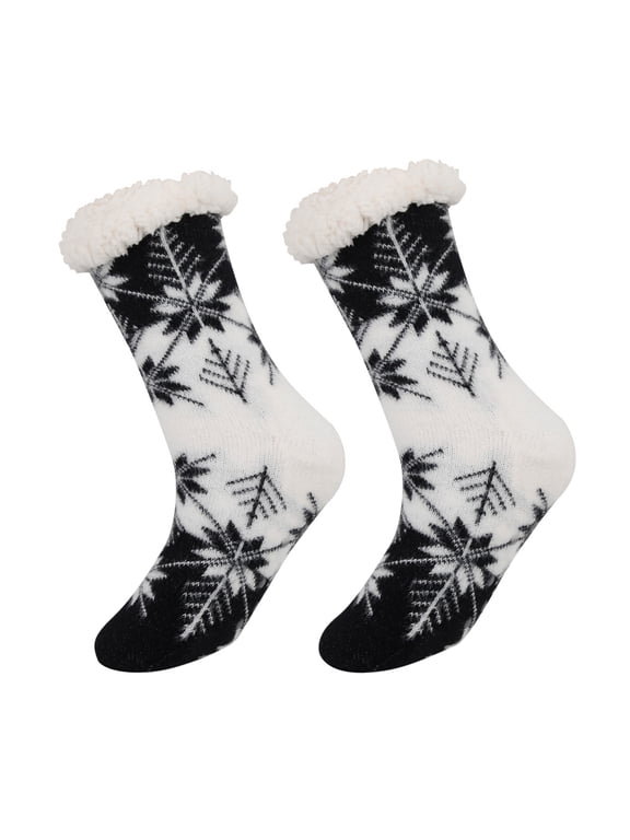 1 Pair Christmas Fuzzy Floor Mid-Calf Socks for Women Winter Warm Thick Plush Lining Non Xmas Festival Home Socks Stylish Snowflake Pattern Print Slipper Socks Black One Size