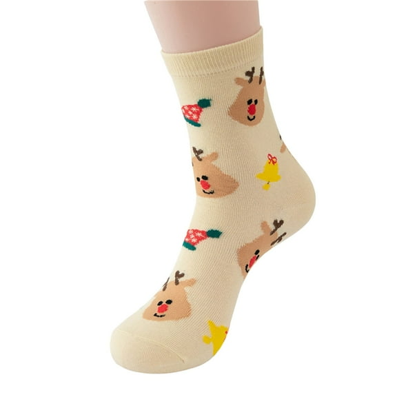 Arlun 1 Pair Christmas Medium Tube Socks for Women Cute Reindeer Santa Claus Snowman Graphic Mid-Calf Socks Fun Novelty Stocking Suitable for Christmas Gifts Beige One Size