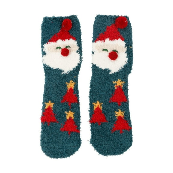 Arlun 1 Pair Lined Medium Tube Socks for Women Fuzzy Cozy Soft House Mid-Calf Socks Cute Snowman Reindeer Santa Graphic Design Grippers Slipper Socks for Christmas Green2 One Size