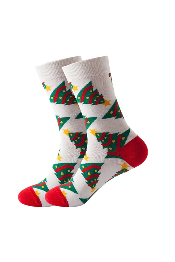 1 Pair Fun Crazy Christmas Mid-Calf Socks for Women 2025 Fall Winter Novelty Colorful Festival Xmas Trees Printed Medium Tube Socks Gifts for Happy Xmas White One Size