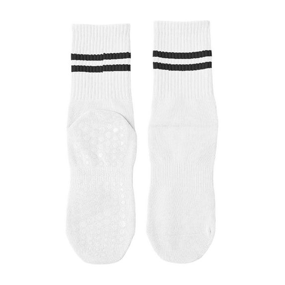 Arlun 1 Pair Grippers Mid-Calf Socks for Women Yoga Socks with Sole Non Skid Bottom Classic Two Stripes Design Sticky Socks Comfy Breathable Workout Sock White One Size