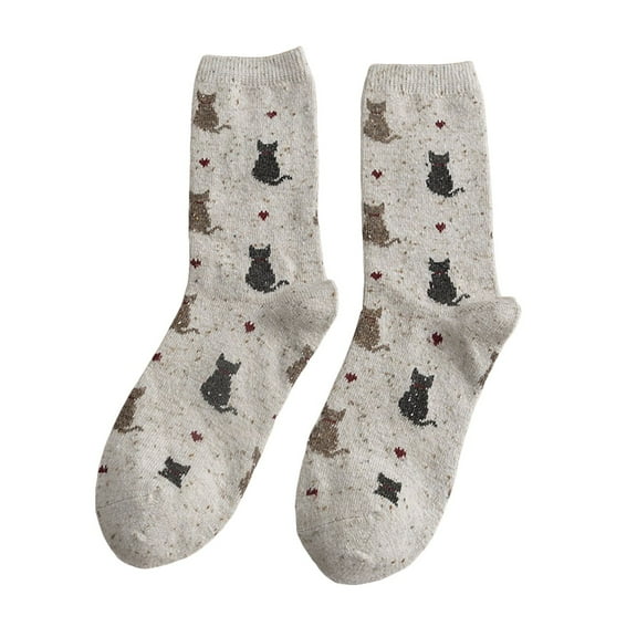 Arlun 1 Pair Thick Warm Cat Print Casual Socks for Women Cozy Homewear Fashion Warm Medium Tube Socks Fall Winter Comfort Mid-Calf Socks for Daily Wear Beige One Size