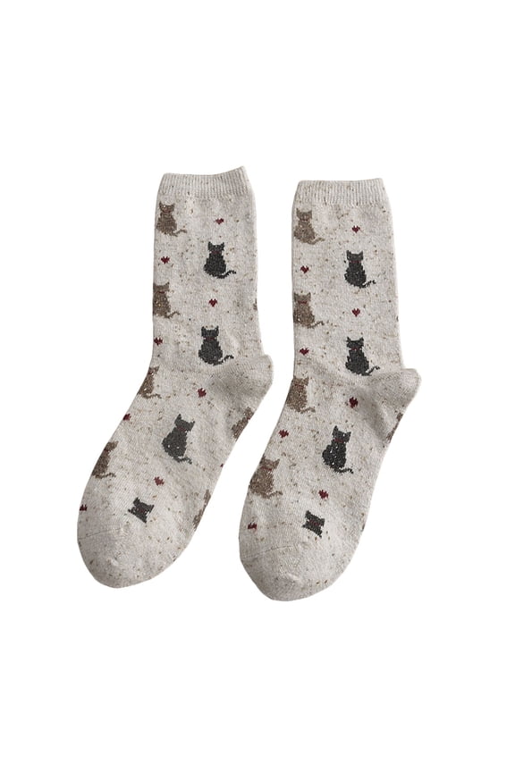 1 Pair Thick Warm Cat Print Casual Socks for Women Cozy Homewear Fashion Warm Medium Tube Socks Fall Winter Comfort Mid-Calf Socks for Daily Wear Beige One Size
