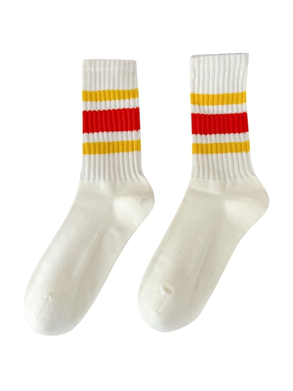 1 Pair Unisex Mid-Calf Socks Retro Striped Printed Novelty Socks Vintage Casual Crew Socks Sporty Calf Socks Comfort Breathable Tube Cotton Socks for Men Women Yellow3 One Size