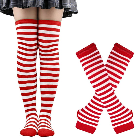 Arlun 1 Pair Women's Striped Printed Knee High Socks over Knee Thigh High Tube Socks Arm Warmer and Fingerless Gloves Set Thick Soft Cold Weather for In/Outdoor Activities Watermelon Red2 One Size