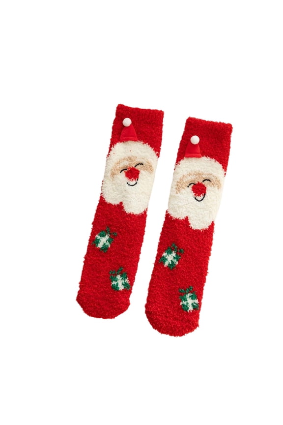 1 Pair Womens Christmas Fuzzy Mid-Calf Socks Comfortable Fluffy Funny Medium Tube Socks Anti-Slip Bottom Cute Santa X-Mas Tree Thick Winter Warm Socks Red One Size