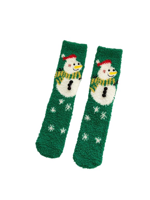 1 Pair Womens Christmas Fuzzy Mid-Calf Socks Comfortable Fluffy Funny Medium Tube Socks Anti- Bottom Cute Santa X-Mas Tree Thick Winter Warm Socks Green One Size