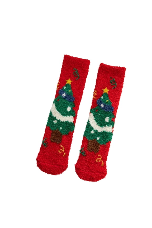 1 Pair Womens Christmas Fuzzy Mid-Calf Socks Comfortable Fluffy Funny Medium Tube Socks Anti-Slip Bottom Cute Santa X-Mas Tree Thick Winter Warm Socks Wine One Size
