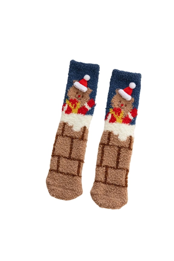 1 Pair Womens Christmas Fuzzy Mid-Calf Socks Comfortable Fluffy Funny Medium Tube Socks Anti- Bottom Cute Santa X-Mas Tree Thick Winter Warm Socks Brown One Size