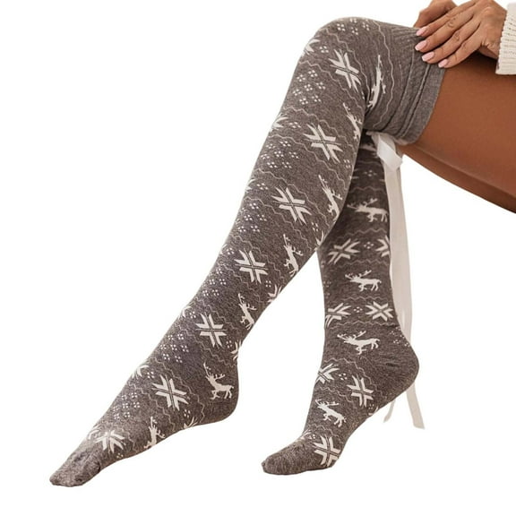 Arlun 1 Pair Womens Christmas Knitted Thigh High Socks with Lace up Bows Snowflake Print over Knee Boot Stockings Winter Warm Soft Comfortable Leg Warmers Socks Grey One Size