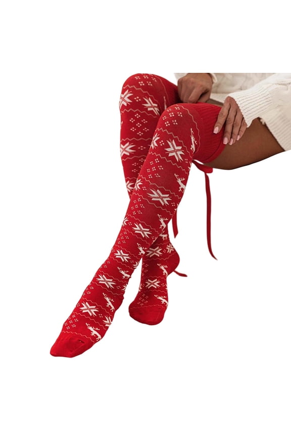 1 Pair Womens Christmas Knitted Thigh High Socks with Lace up Bows Snowflake Print over Knee Boot Stockings Winter Warm Soft Comfortable Leg Warmers Socks Red One Size