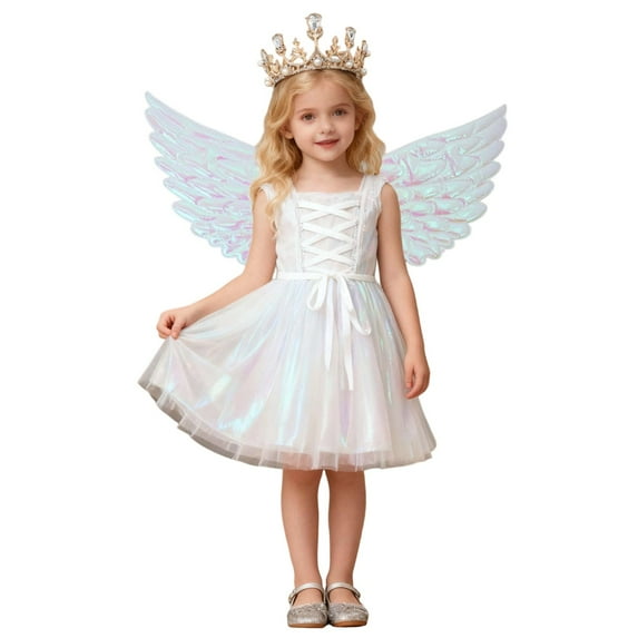 Arlun 1PC Angel Wings + 1PC , Fairy Angel Gold Wings Fancy Dress Cos for Kids Women Girls Performance Halloween Carnival Christmas Birthday Party White 14.96*7.87in/5.91*5.12in