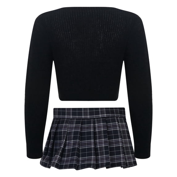 Arlun 2 Piece Jk Skirt Suits for Womens Solid Color Soft V-Neck Long Sleeve Sweater Tops and Checkered Print Pleated Short Skirts Lightweight Comfy Preppy Outfits Black One Size